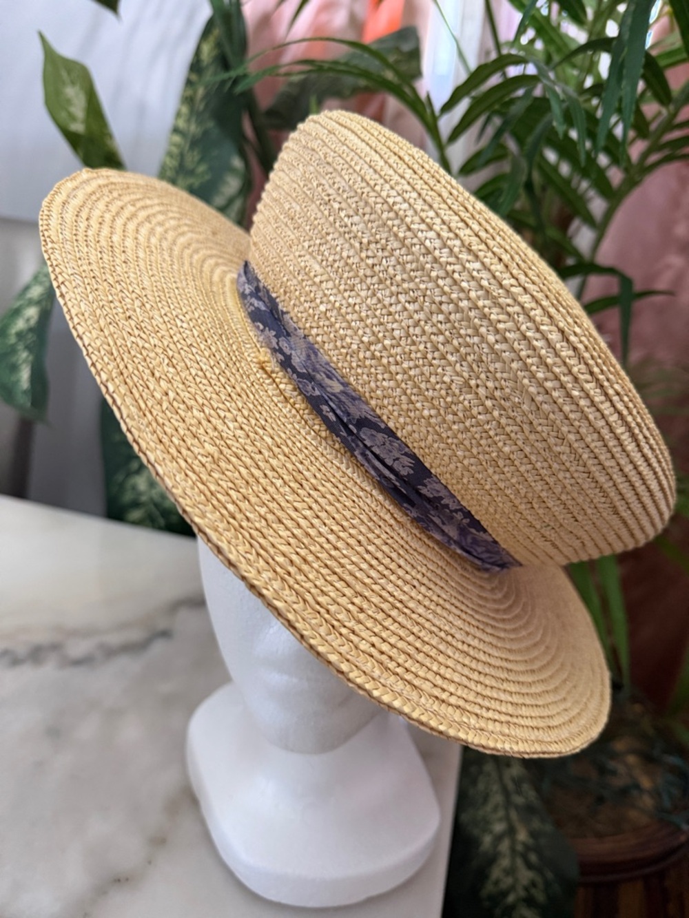April Cornell Vintage Natural Straw Boater Hat with Blue Floral Bow - Picture 2 of 13